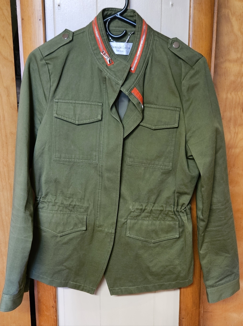 Patrizia Luca Olive Utility Jacket with Orange Zipper Trim